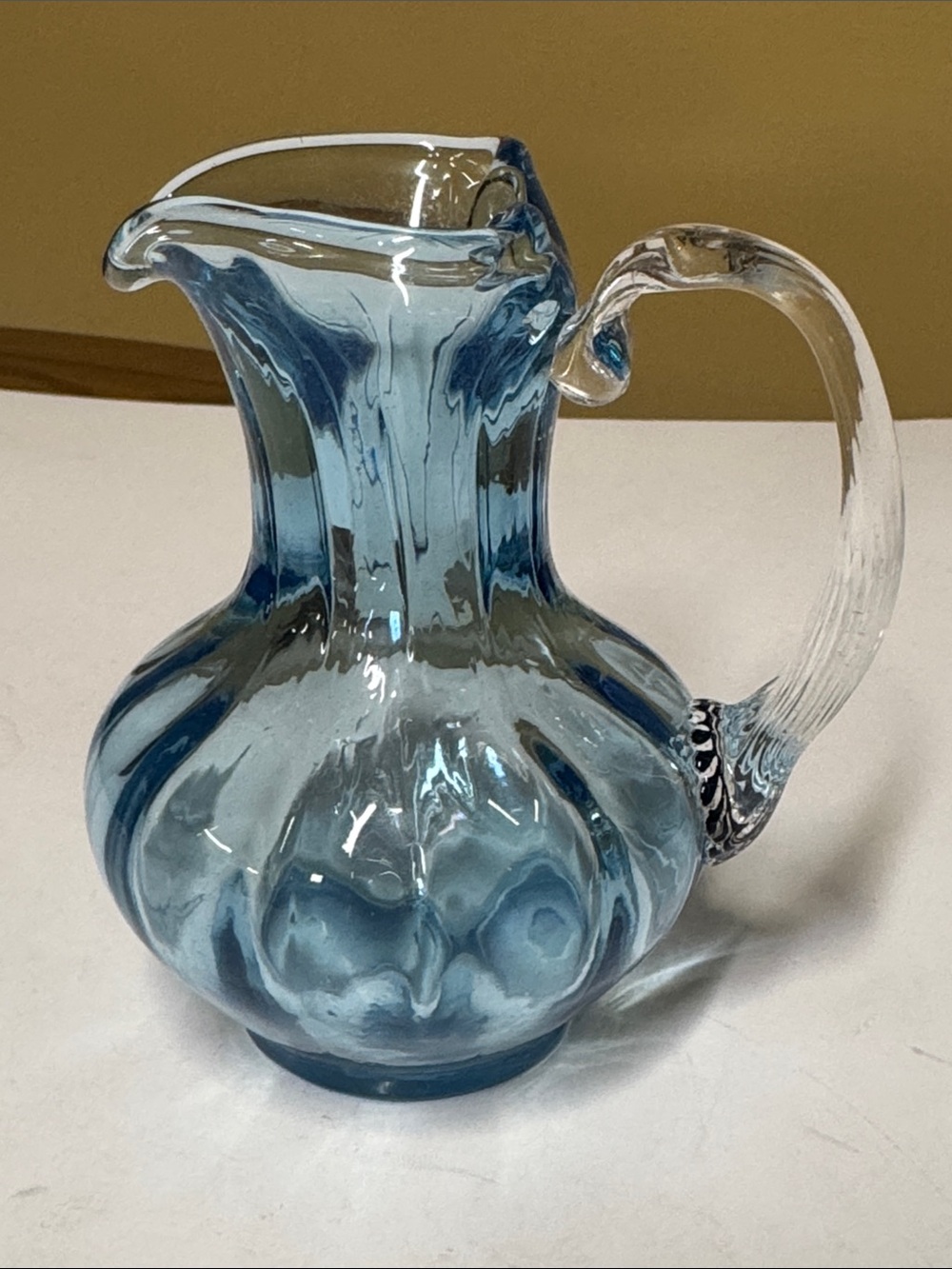 Blue Glass Pitcher with Clear Handle hand blown 4.75” tall